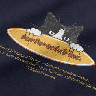 Surfer Cat boxy oversize tişört lacivert — serigrafi baskı yakın çekim
