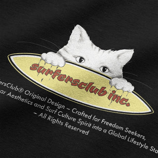 Surfer Cat boxy oversize tişört siyah — serigrafi baskı yakın çekim