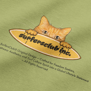 Surfer Cat — Boxy Oversized Tee Sage Green